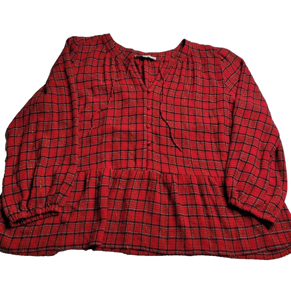 Loft Red Green Gold Plaid Peplum Holiday Blouse Women's XL Christmas Preppy